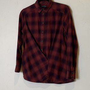 AllSaints Women's Size 4 Red Black Snap Cross Body Layer Flannel Long Sleeve Top